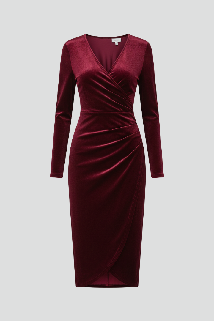 Lila | Elegant V Neck Midi Dress with Long Sleeves