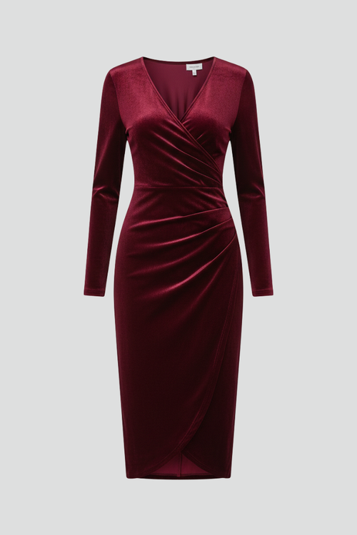 Lila | Elegant V Neck Midi Dress with Long Sleeves