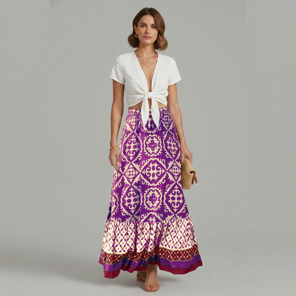 Lila | Printed Tiered Maxi Skirt with Elastic Waist