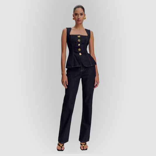 Ava | Chic Denim Two Piece Set With Sleeveless Corset Top & Tailored Pants