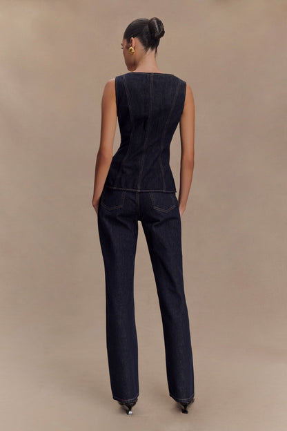Ava | Chic Denim Two Piece Set With Sleeveless Corset Top & Tailored Pants
