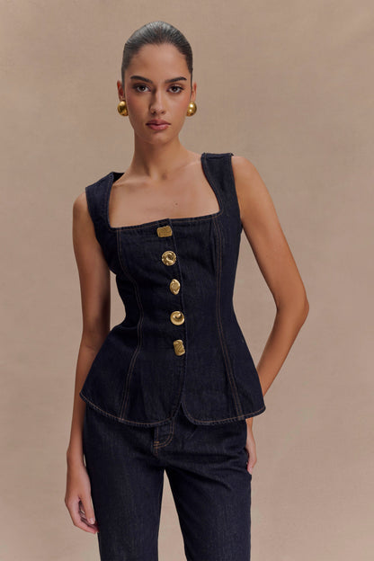 Ava | Chic Denim Two Piece Set With Sleeveless Corset Top & Tailored Pants