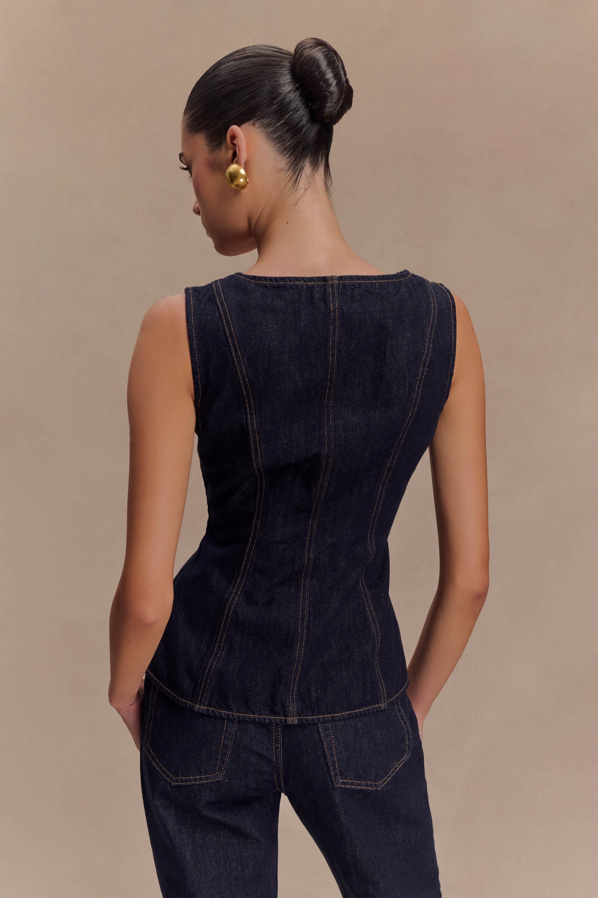 Ava | Chic Denim Two Piece Set With Sleeveless Corset Top & Tailored Pants
