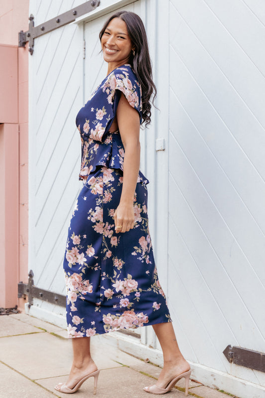 Ava | Chic Navy Floral Satin Midi Skirt for Women