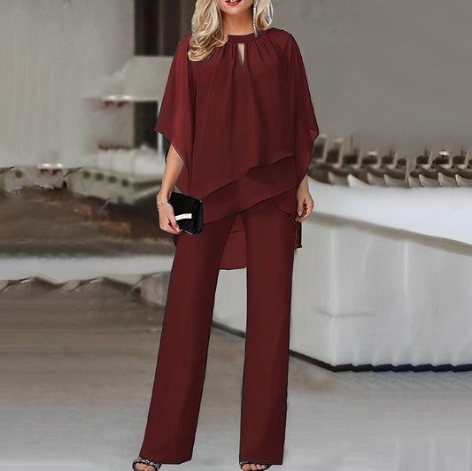 Ava | Elegant Flowing Cape Top and Wide-Leg Pants Two Piece Set