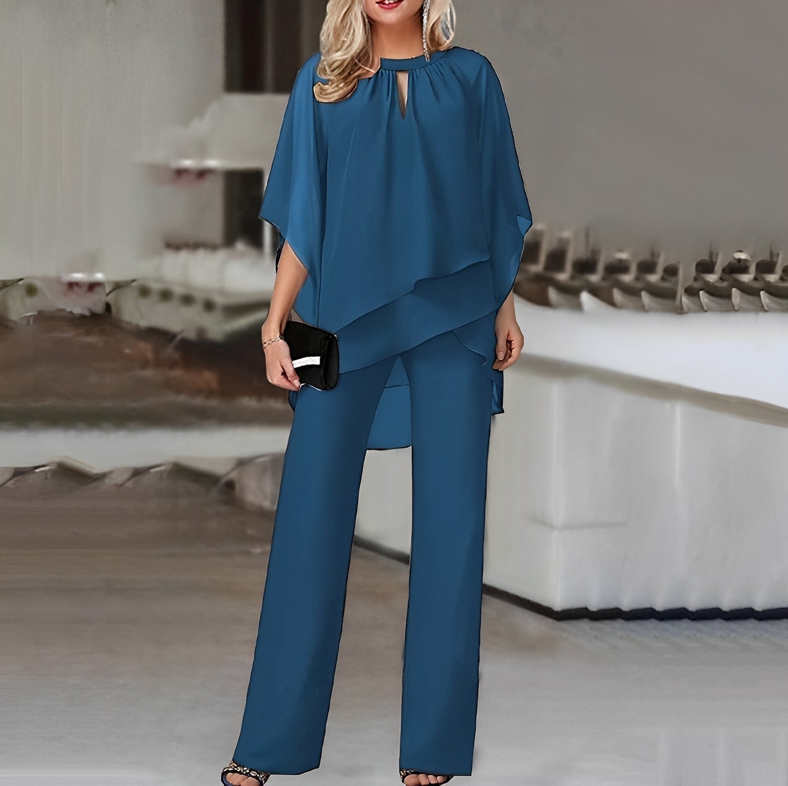 Ava | Elegant Flowing Cape Top and Wide-Leg Pants Two Piece Set