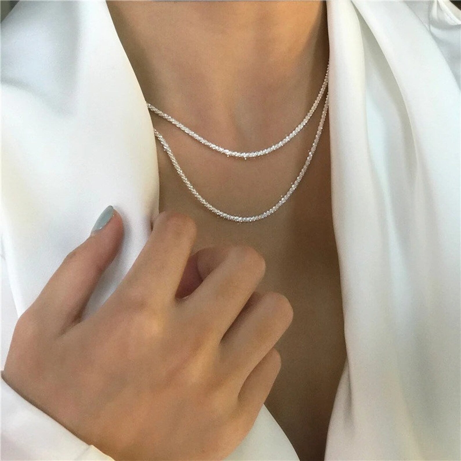 Elegant Layered Necklace Set in Silver