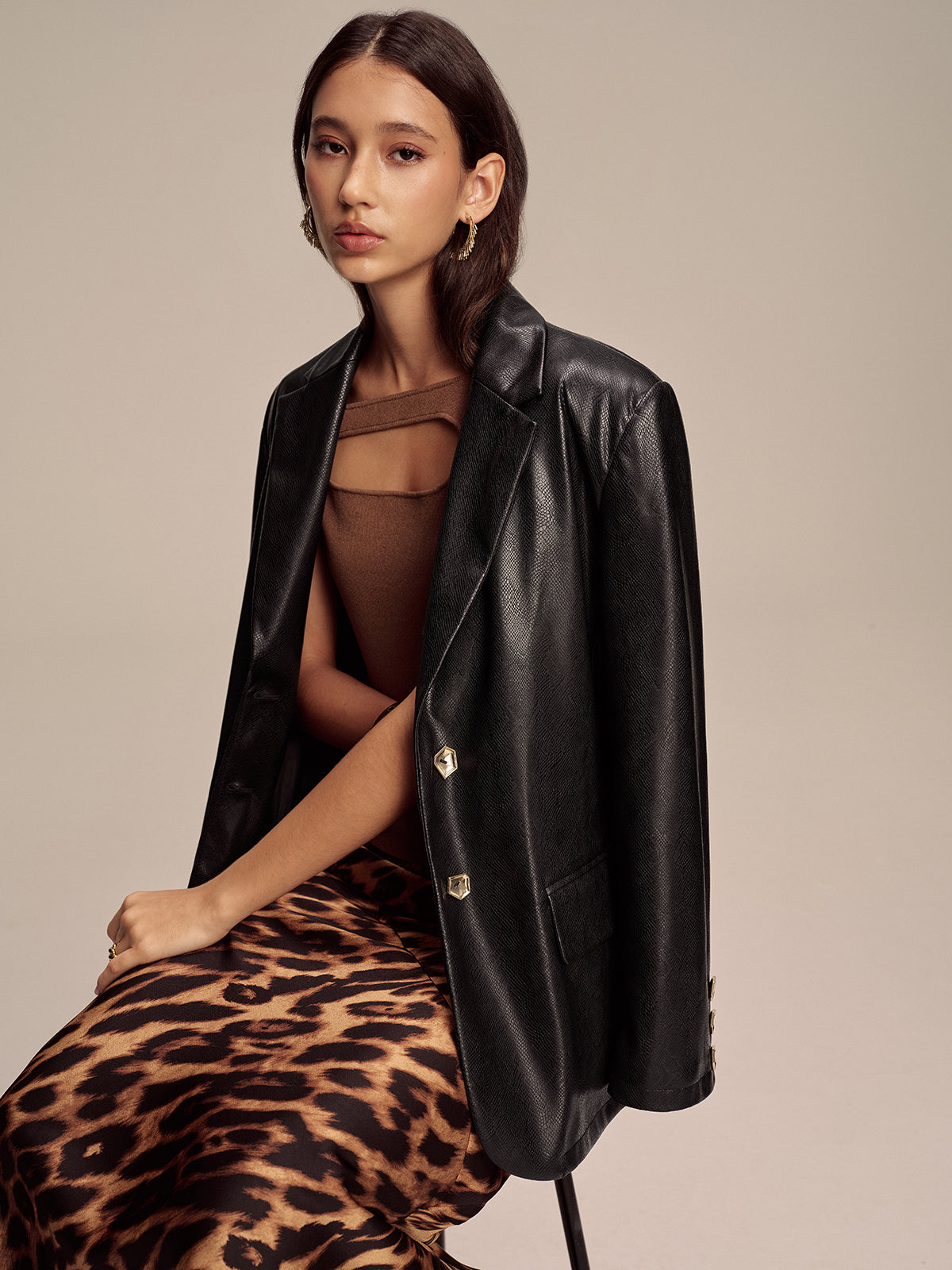 Ava | Trendy Snake Print Faux Leather Blazer
