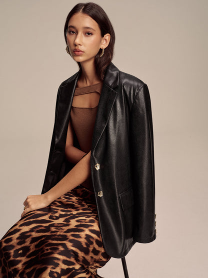 Ava | Trendy Snake Print Faux Leather Blazer