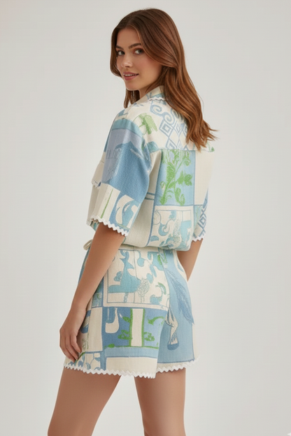 Lila | Chic Patchwork Top and Adjustable Shorts Set