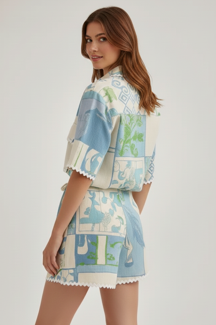 Lila | Chic Patchwork Top and Adjustable Shorts Set