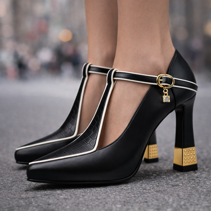 Eleanora | Luxe Leather Block Heels with Gold Buckle