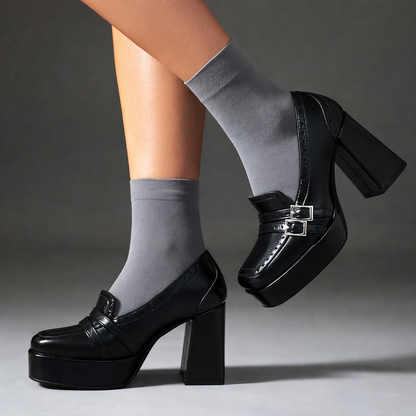 Daphne | Chic Leather Block Heels with Buckle Strap