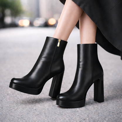 Cora | Italian Leather Block Heels with Zipper