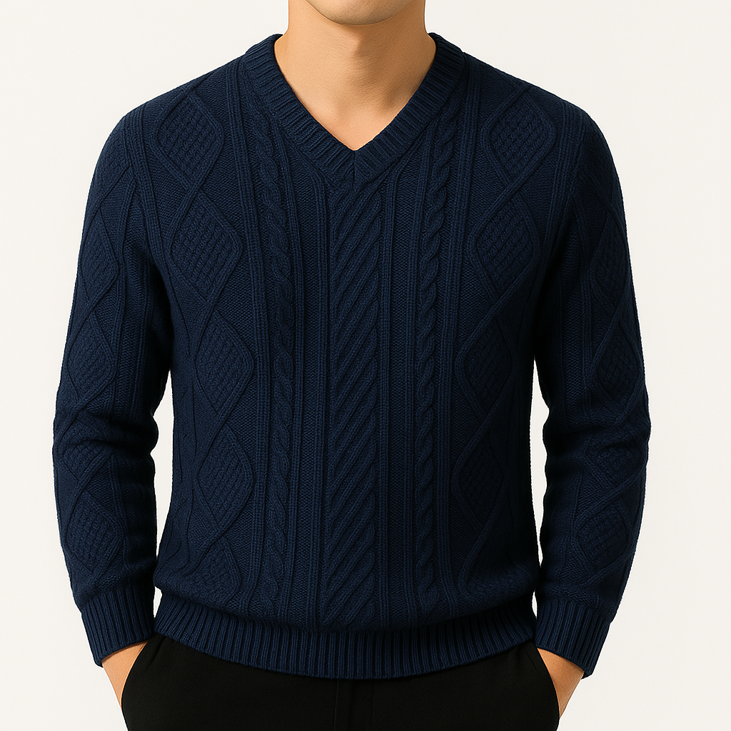 Isaac | Cable Knit V-Neck Wool Pullover