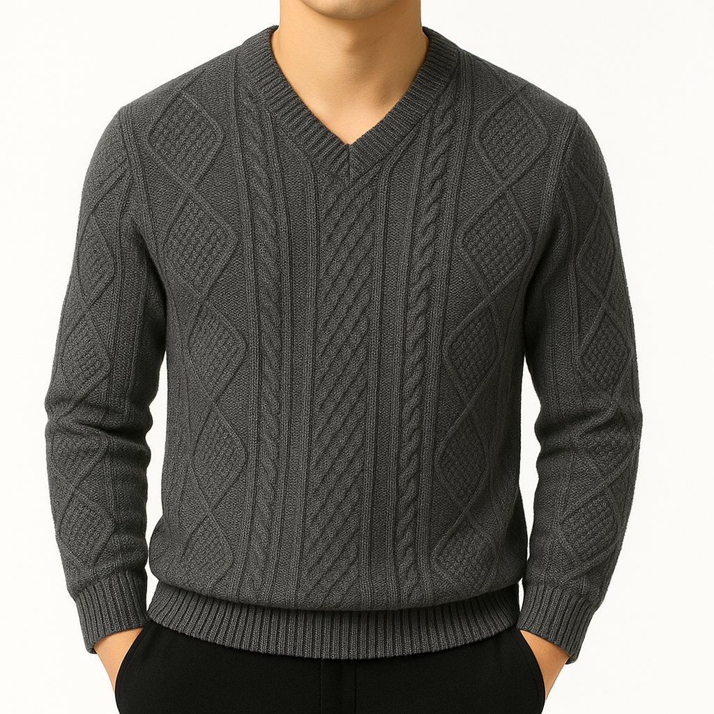 Isaac | Cable Knit V-Neck Wool Pullover