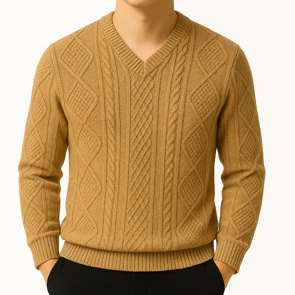 Isaac | Cable Knit V-Neck Wool Pullover