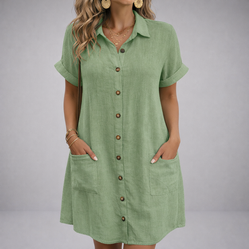 Cecilia | Linen Blend Button-Up Dress with Deep Pockets