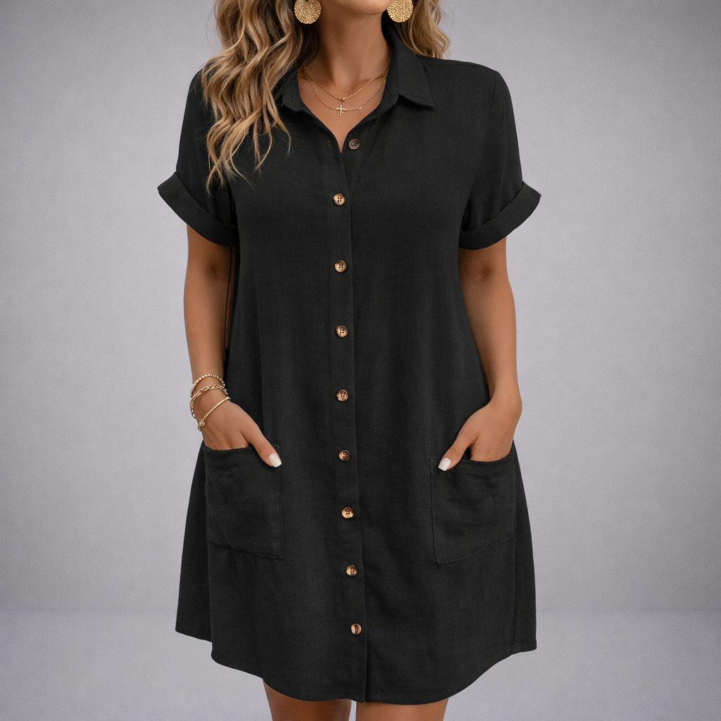 Cecilia | Linen Blend Button-Up Dress with Deep Pockets