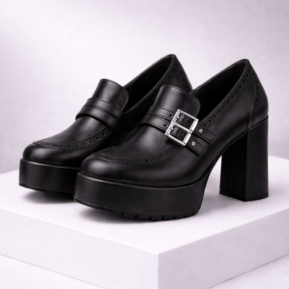 Daphne | Chic Leather Block Heels with Buckle Strap