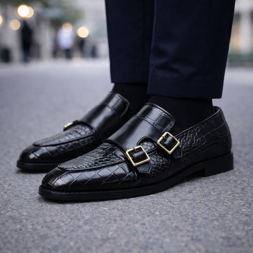 Atticus | Croc-Embossed Italian Leather Monk Strap Shoes