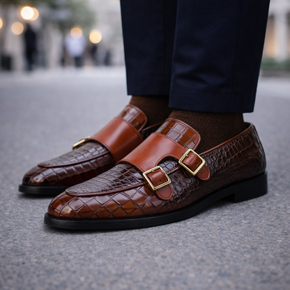 Atticus | Croc-Embossed Italian Leather Monk Strap Shoes