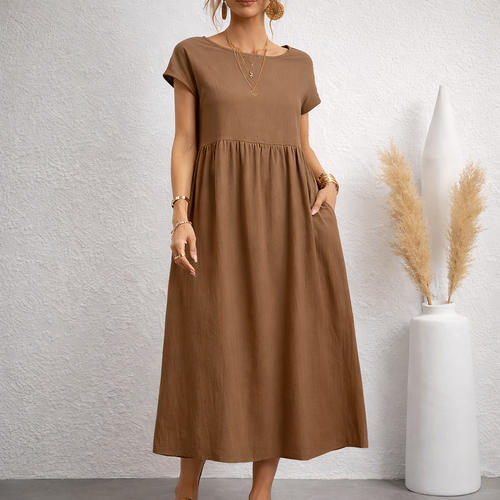 Carys | Linen Relaxed Midi Dress with Deep Pockets