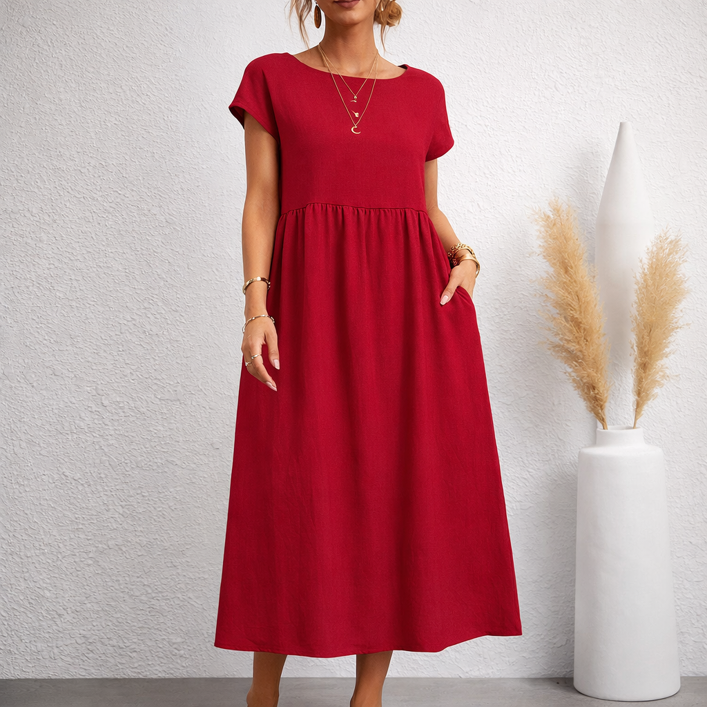 Carys | Linen Relaxed Midi Dress with Deep Pockets