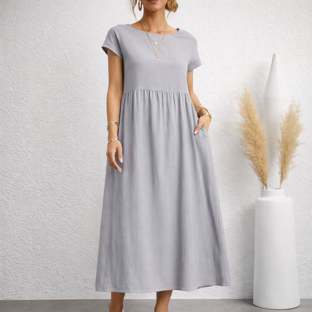 Carys | Linen Relaxed Midi Dress with Deep Pockets