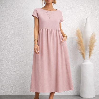 Carys | Linen Relaxed Midi Dress with Deep Pockets