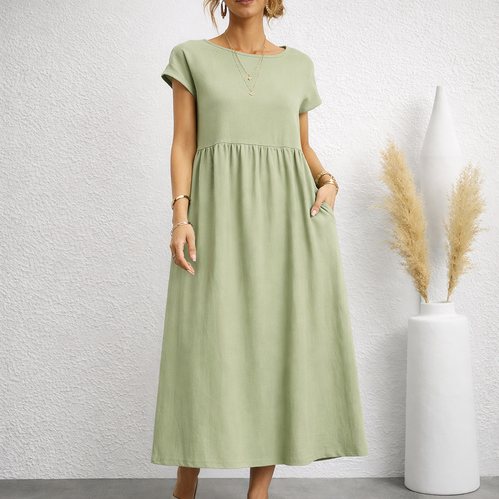 Carys | Linen Relaxed Midi Dress with Deep Pockets