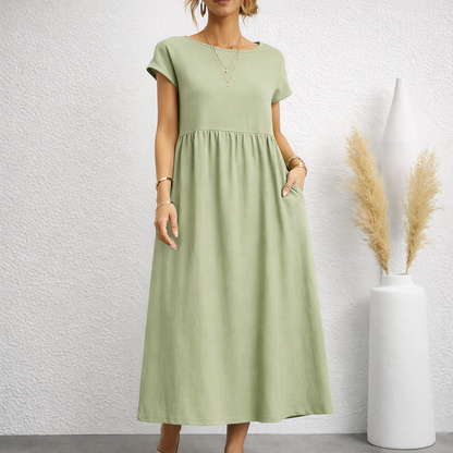 Carys | Linen Relaxed Midi Dress with Deep Pockets
