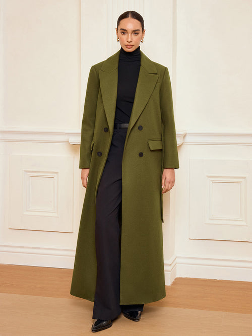 Elegant Double-Breasted Long Coat with Belted Design for Stylish Warmth