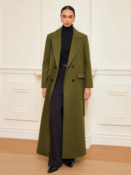 Elegant Double-Breasted Long Coat with Belted Design for Stylish Warmth