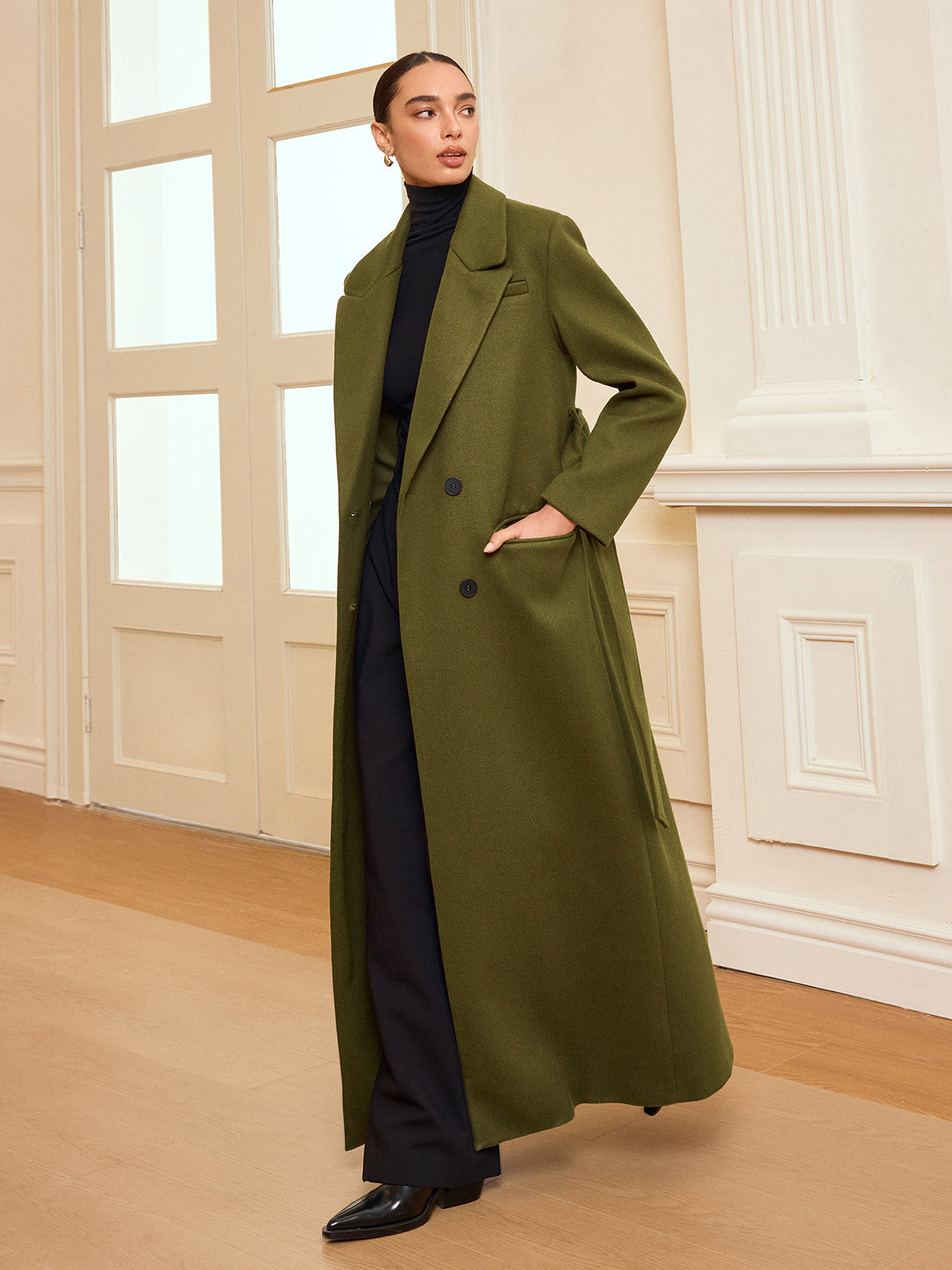 Elegant Double-Breasted Long Coat with Belted Design for Stylish Warmth