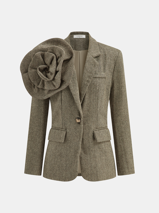 Elegant Tweed Blazer with 3D Flower Design | Stylish Long Sleeve Jacket for Chic Outfits
