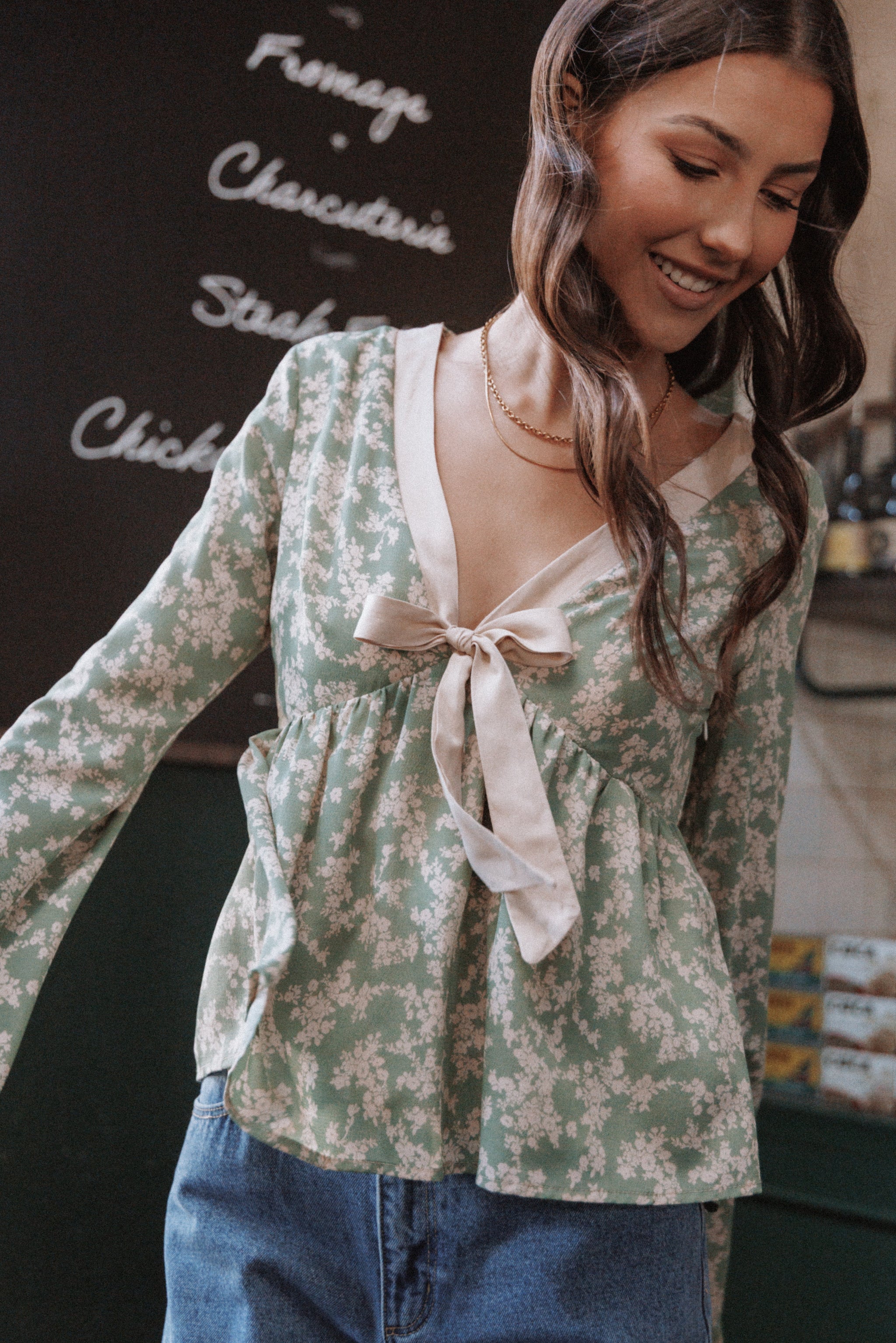 Ella | Elegant Green Floral Going Out Top