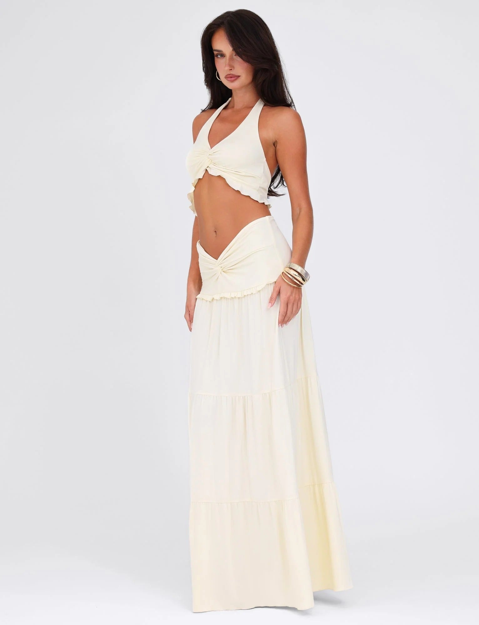 Emma | Chic Halter Twist Crop Top and Flowing Maxi Skirt Set for Women