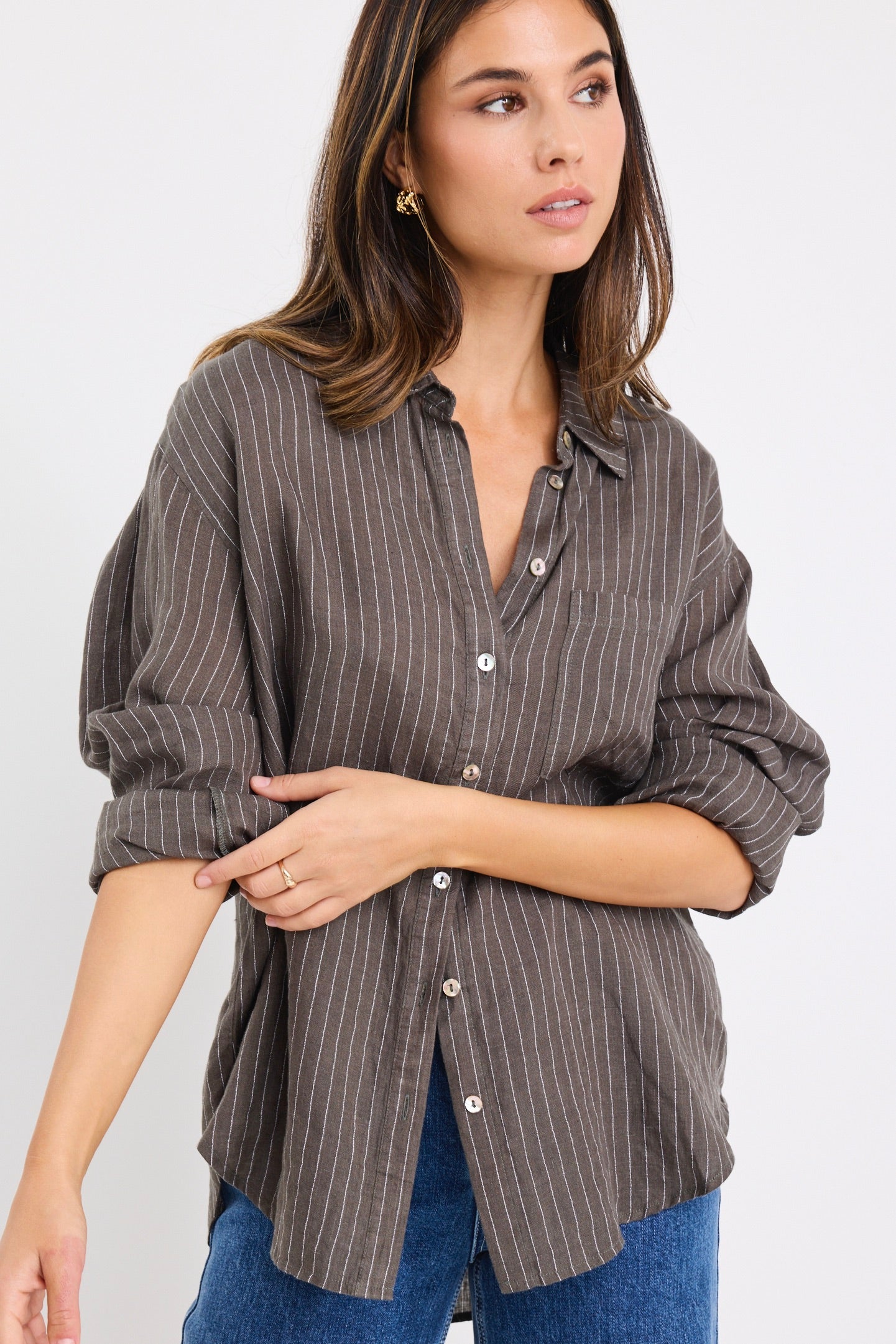 Ethan | Earthy Khaki Striped Linen Shirt