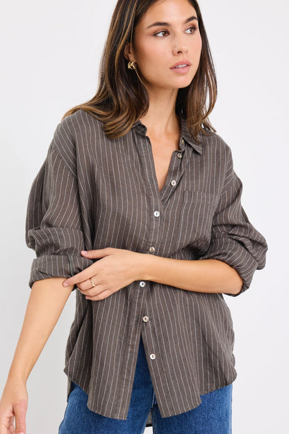 Ethan | Earthy Khaki Striped Linen Shirt