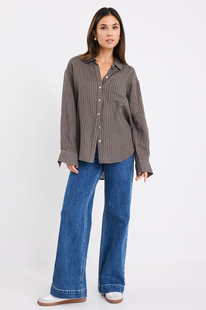Ethan | Earthy Khaki Striped Linen Shirt