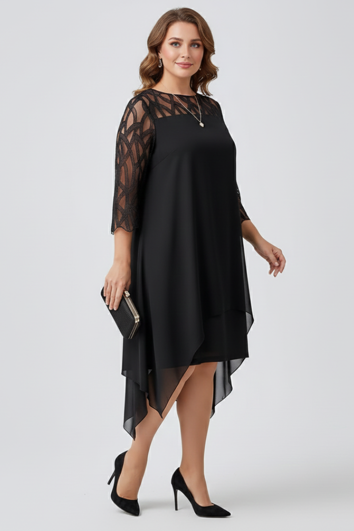 Elena | Lace Sleeve A-Line Dress with Asymmetrical Hem