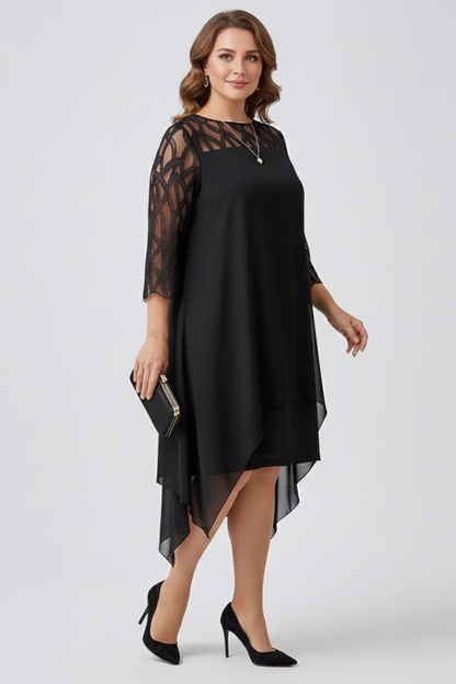 Elena | Lace Sleeve A-Line Dress with Asymmetrical Hem