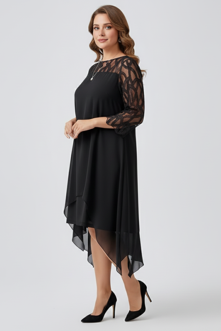 Elena | Lace Sleeve A-Line Dress with Asymmetrical Hem