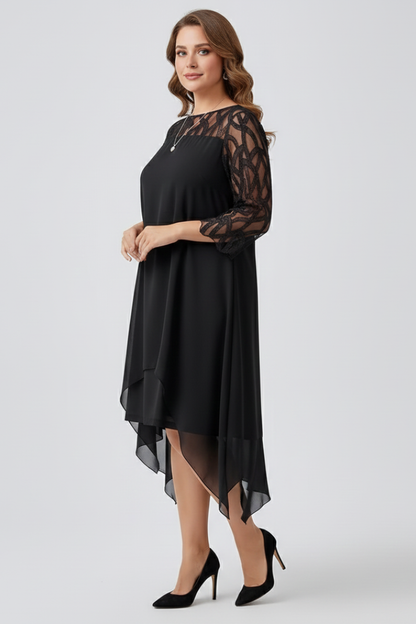 Elena | Lace Sleeve A-Line Dress with Asymmetrical Hem