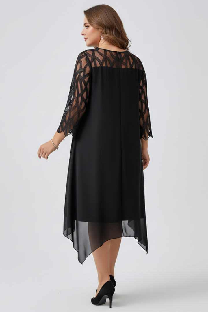 Elena | Lace Sleeve A-Line Dress with Asymmetrical Hem