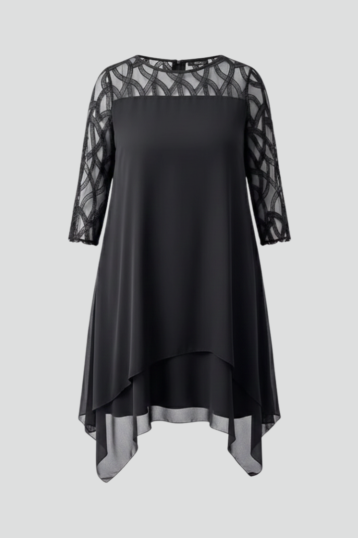 Elena | Lace Sleeve A-Line Dress with Asymmetrical Hem