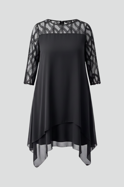 Elena | Lace Sleeve A-Line Dress with Asymmetrical Hem