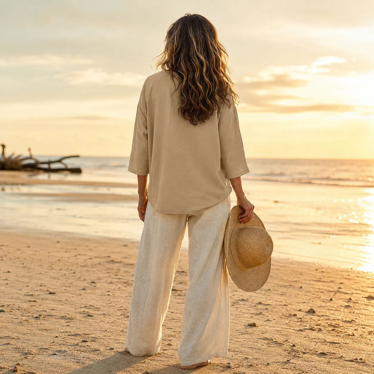 Sereva – Women's Relaxed V-Neck Linen Blouse with Three-Quarter Sleeves and Curved Hem