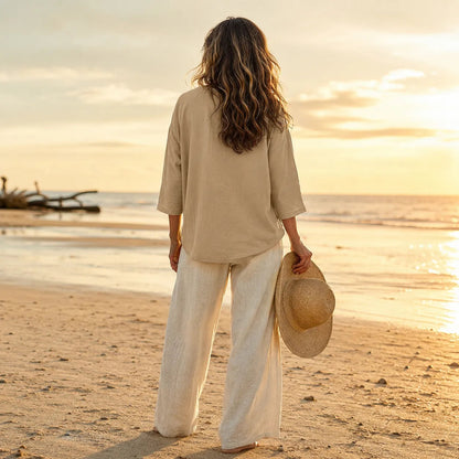 Sereva – Women's Relaxed V-Neck Linen Blouse with Three-Quarter Sleeves and Curved Hem